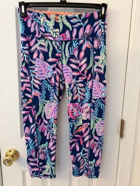 Lilly Pulitzer Navy Capri Leggings with Pink, Teal & Purple Leaf Print